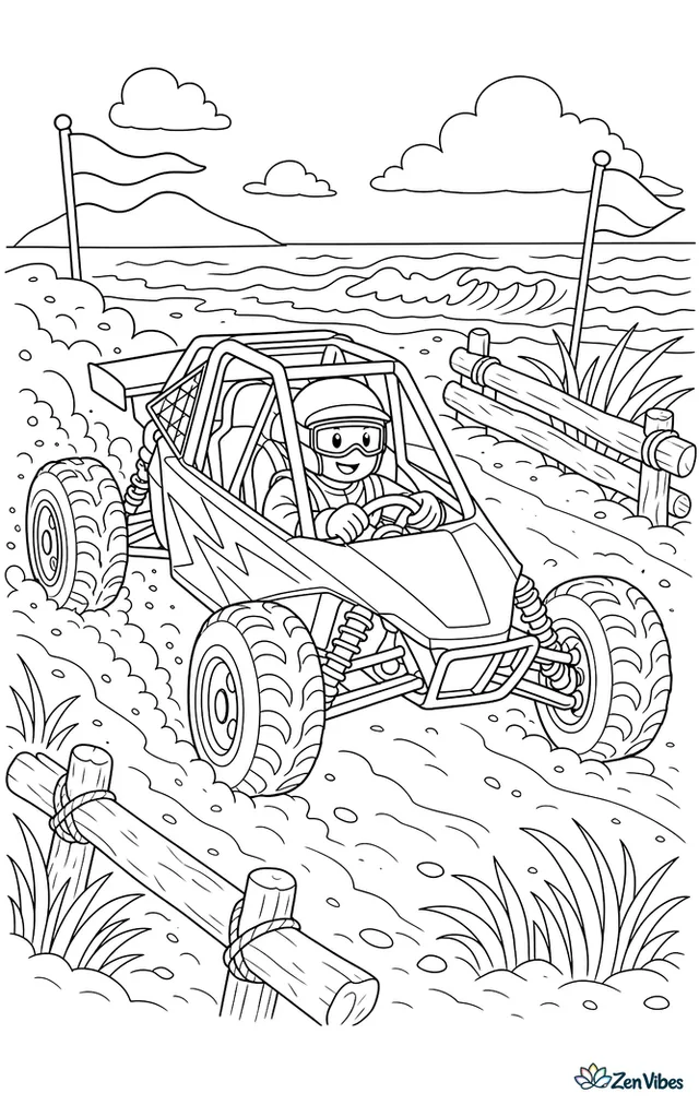 An off-road race buggy dashes across a sandy seaside course, with driftwood barriers, dune grass, fluttering flags, and waves visible beyond the track.