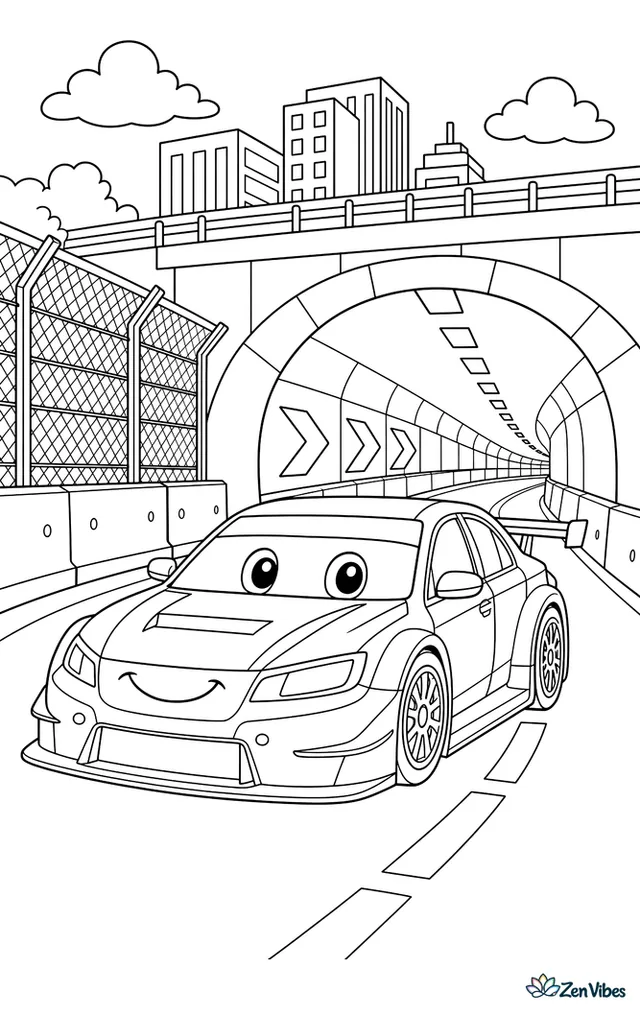 A touring race car enters a tunnel section of a street circuit, passing concrete barriers, overhead lights, directional arrows, and city buildings above the roadway.