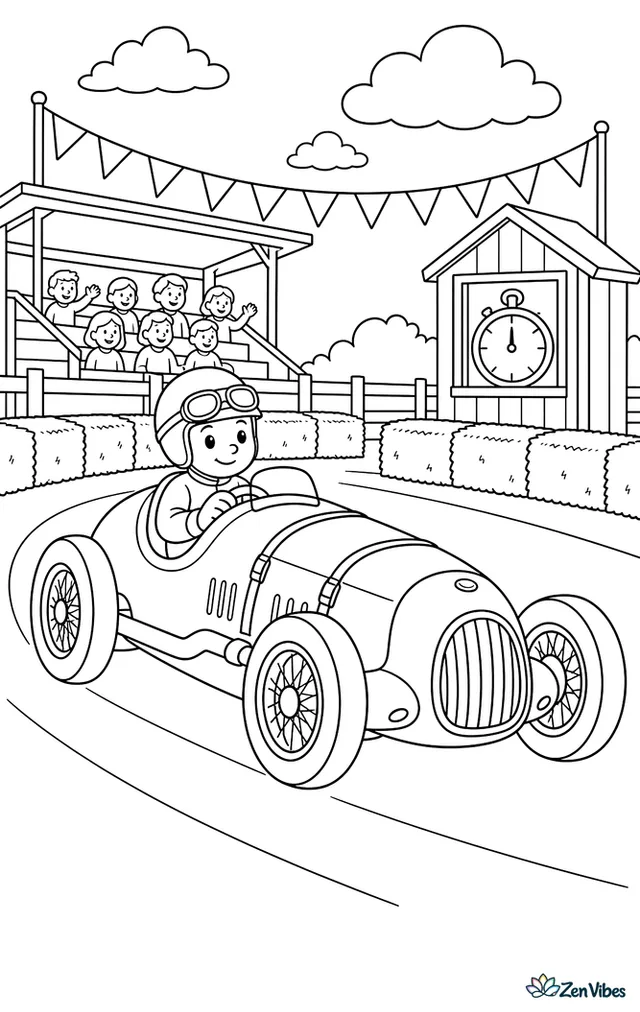 A vintage speedster race car completes a warmup lap, with hay bale barriers, wooden grandstands, pennants, and a timing shed near the start line.