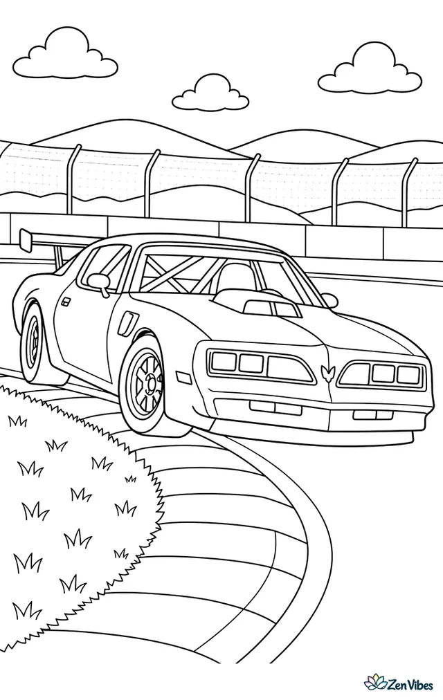 A Trans Am style race car rides over curbing at corner exit, with grass runoff, sponsor-free boards, catch fencing, and rolling hills beyond the circuit.