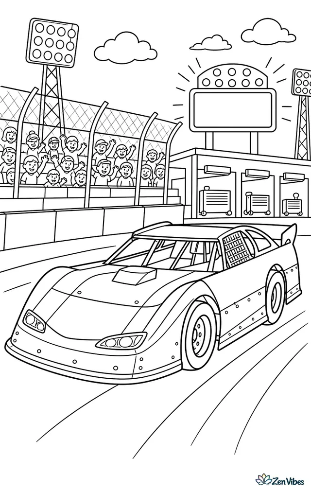 An asphalt modified race car races under stadium lights, with reflective walls, a glowing scoreboard, pit stalls, and fans seated behind protective fencing.