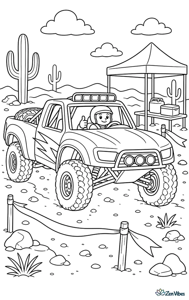 A desert racing truck reaches a checkpoint on a marked course, with cacti, rocky ground, ribbon stakes, and a shade tent beside the trail.