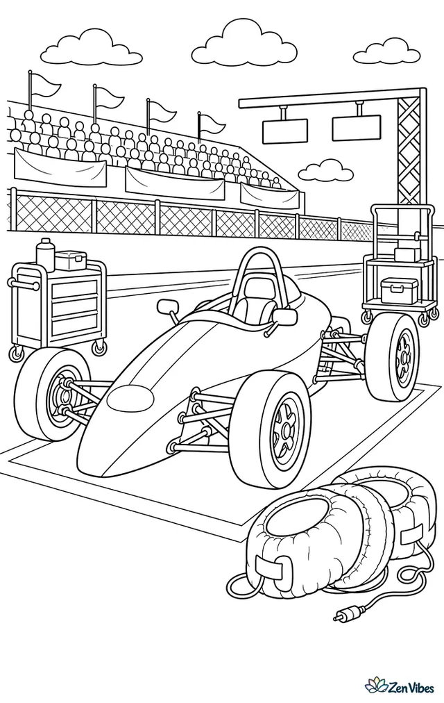 A Formula Vee race car sits on the grid with tire blankets nearby, surrounded by painted boxes, crew carts, overhead signs, and a grandstand full of banners.