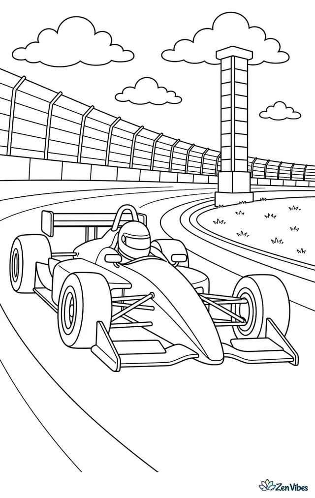 A retro Indy-style race car begins a qualifying run on a wide oval, with pit wall panels, scoring pylon, infield grass, and cloud shapes overhead.