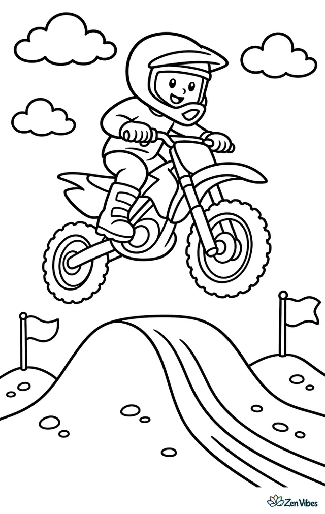 A motocross dirt bike flies over a rounded jump on a practice track, with simple dirt mounds, two safety flags, tire marks, and a few clouds above an open field.
