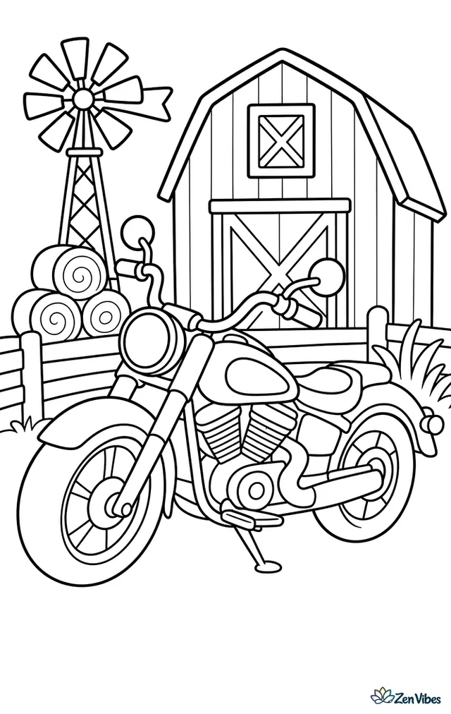 A classic cruiser motorcycle rests on its kickstand near a red-style barn, with a wooden fence, hay bales, a windmill, and tall grass under a wide country sky.