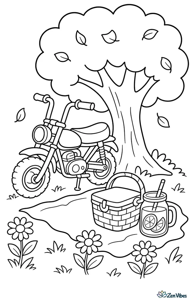 A minibike is parked beside a picnic blanket in a grassy park, surrounded by a basket, lemonade jar, daisies, and a broad tree with a few falling leaves.