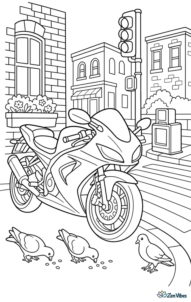 A sleek sportbike waits at a city corner beside a crosswalk, with brick buildings, a newspaper box, traffic light, planter boxes, and pigeons pecking near the curb.