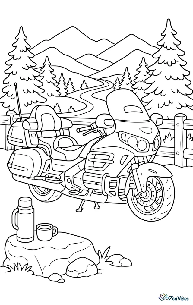 A full-dress touring motorcycle is stopped at a mountain overlook, facing a winding road, with pine trees, a wooden railing, layered hills, and a thermos set on a flat rock.