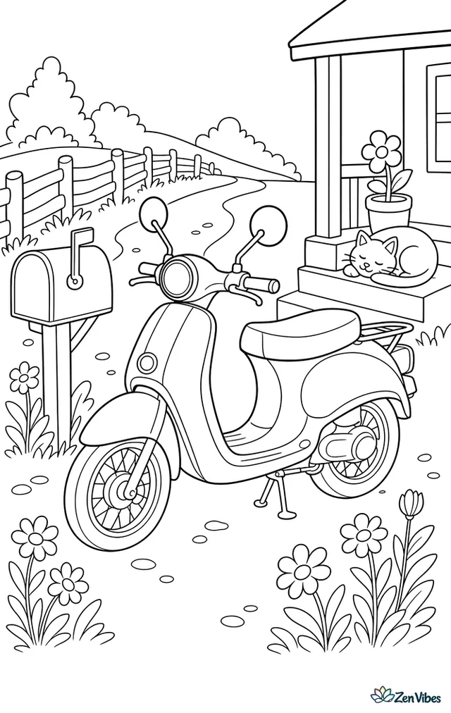 A step-through moped is paused beside a country mailbox, with a gravel lane, wildflowers, split-rail fence, and a sleepy cat curled on the porch steps nearby.
