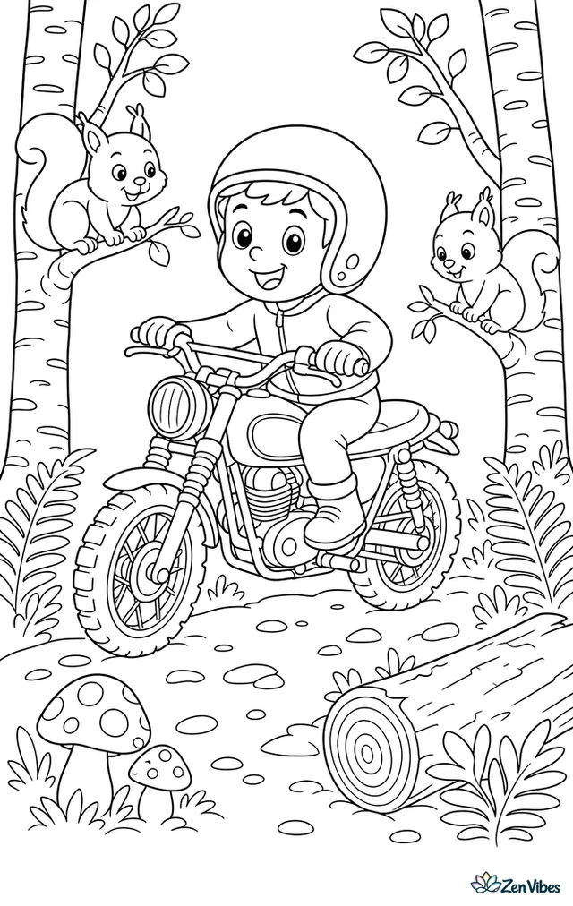 A scrambler motorcycle rolls along a forest trail, passing mushrooms, ferns, a fallen log, and birch trees, while squirrels watch from low branches in a calm woodland setting.