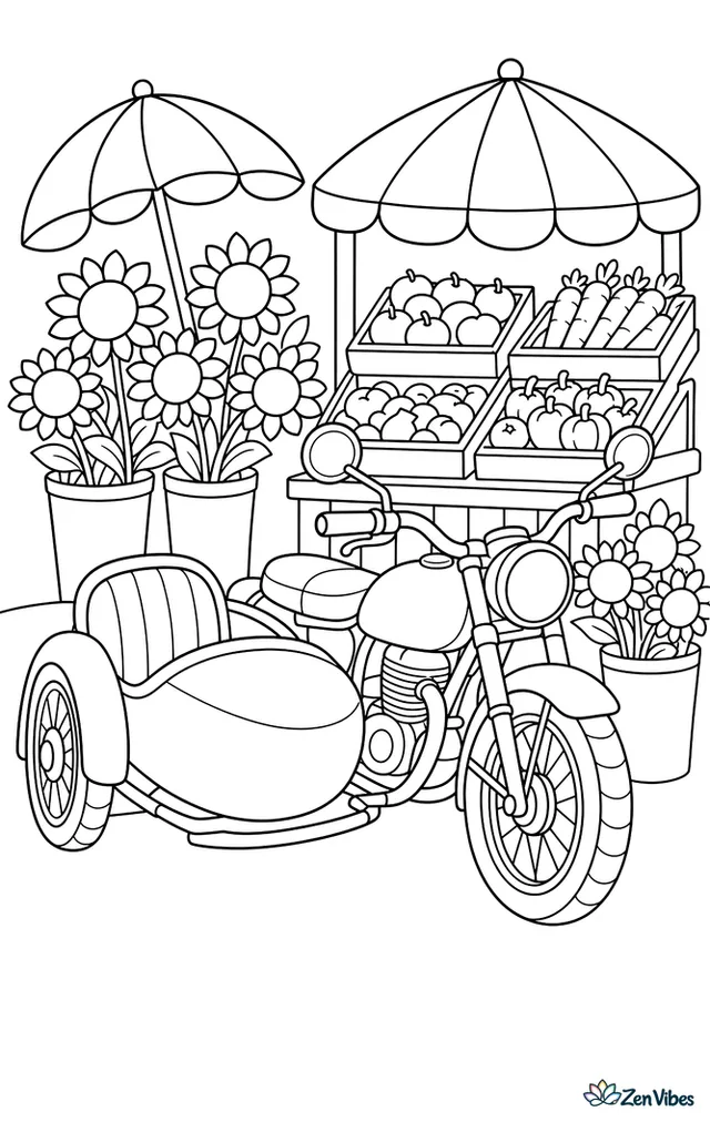 A sidecar motorcycle is parked outside a flower market stall, surrounded by buckets of sunflowers, chalkboard signs, striped umbrellas, and neat crates of fresh produce.