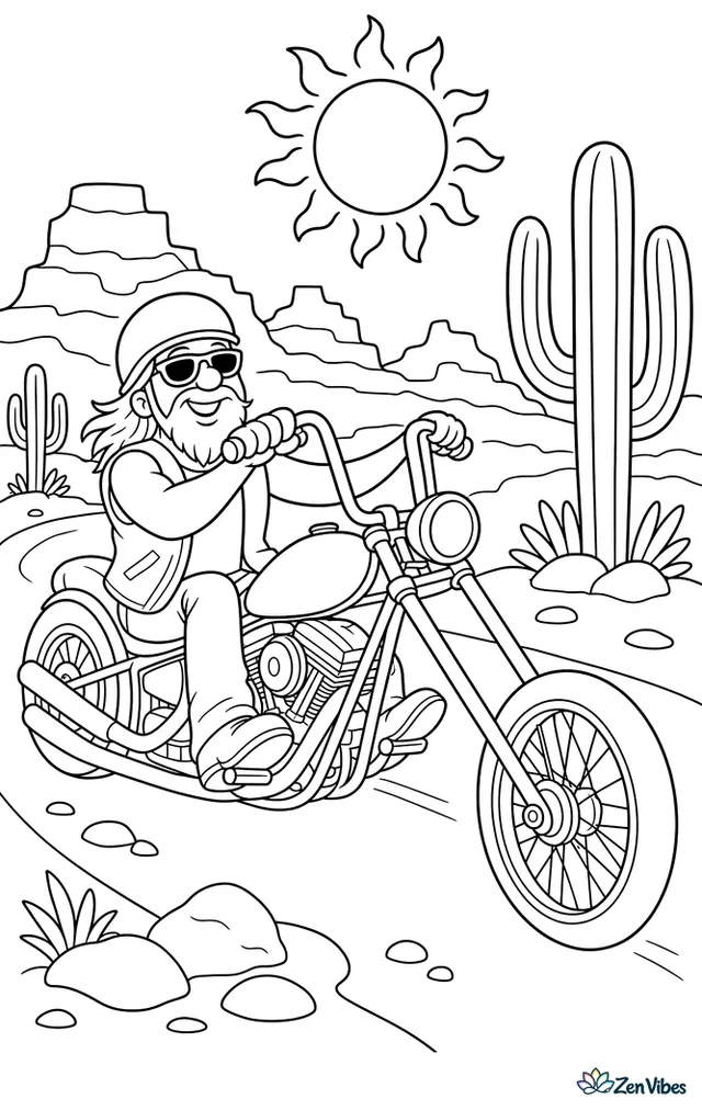 A long-fork chopper cruises along a desert road, with towering saguaro cactus, layered mesas, roadside stones, and a bright sun hanging over a distant horizon.