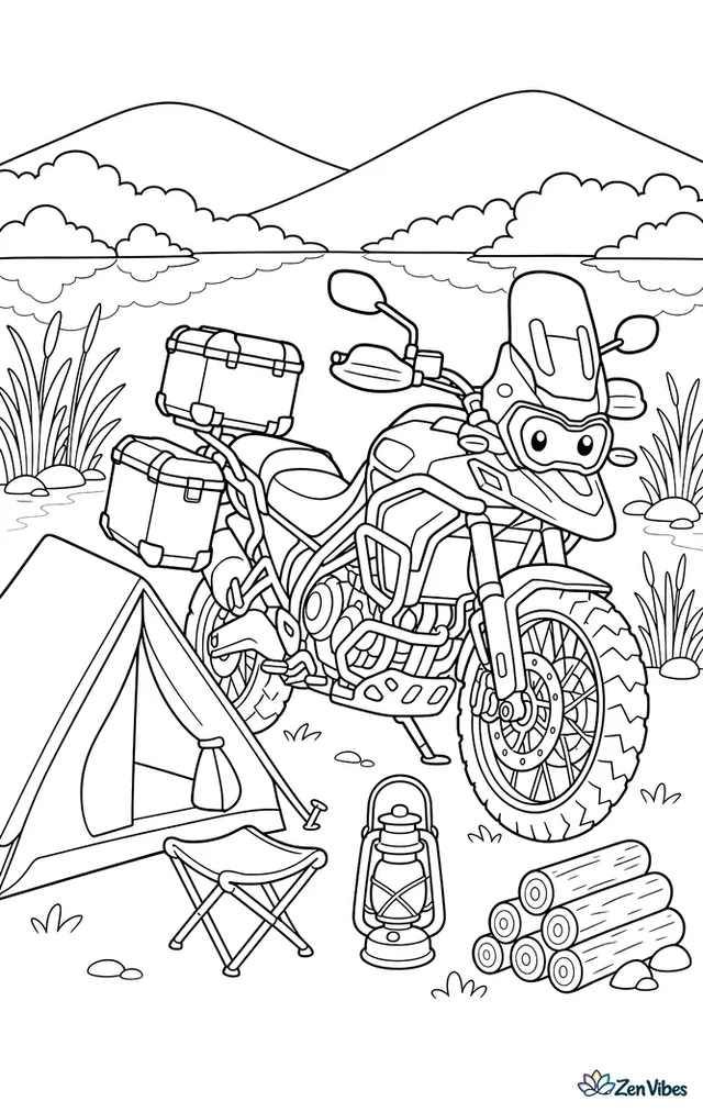 An adventure motorcycle stands at a lakeside campsite beside a small tent, camp stool, lantern, stacked firewood, and reeds, with gentle hills reflected in still water.