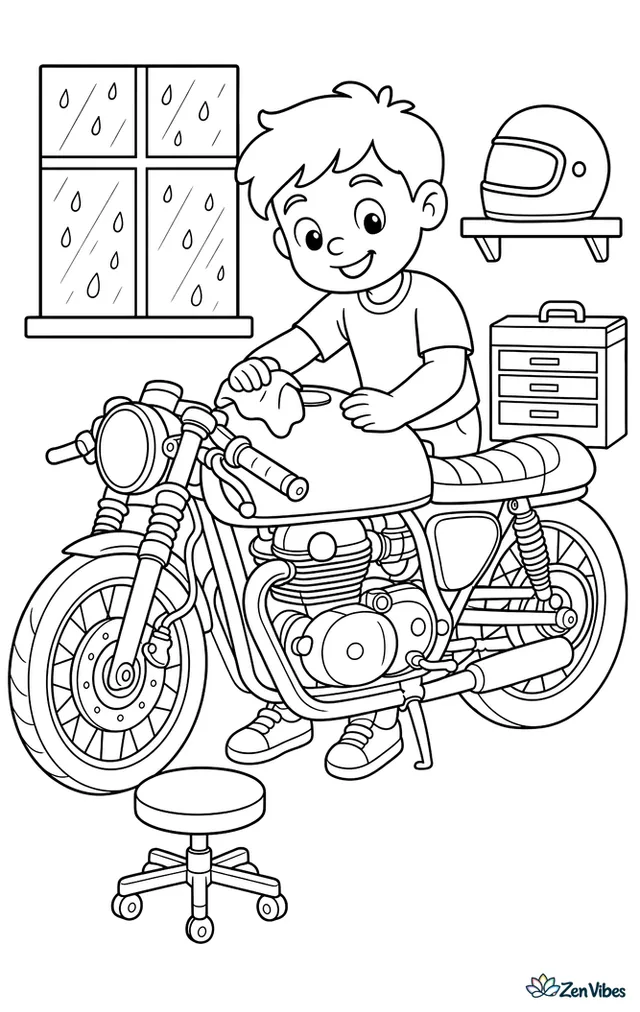 A cafe racer motorcycle is being polished inside a tidy garage, surrounded by a stool, toolbox, hanging wrenches, spare helmet, and a window with rain tapping outside.