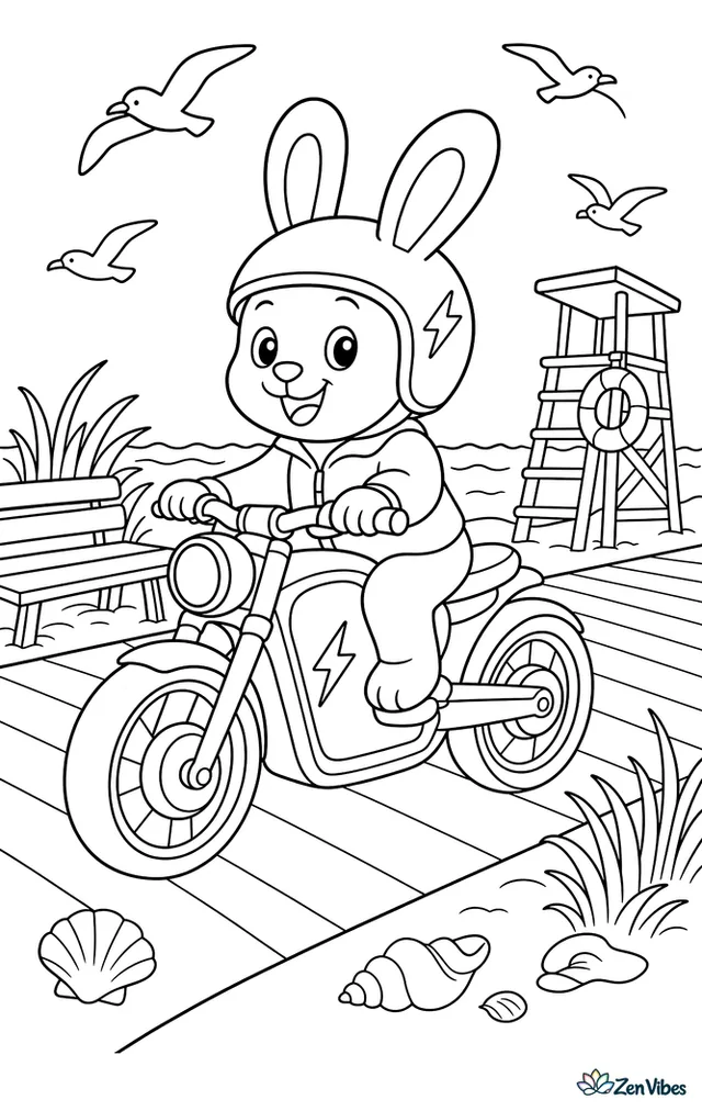 An electric motorcycle glides along a seaside boardwalk, passing benches, beach grass, a lifeguard chair, seashells, and gulls circling over calm ocean waves.