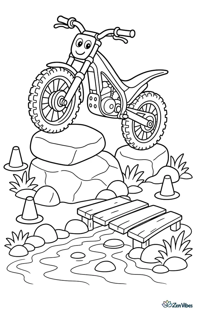 A trials motorcycle balances on a rocky practice area, with stacked boulders, marker cones, scrub plants, and a small wooden bridge over a shallow stream.