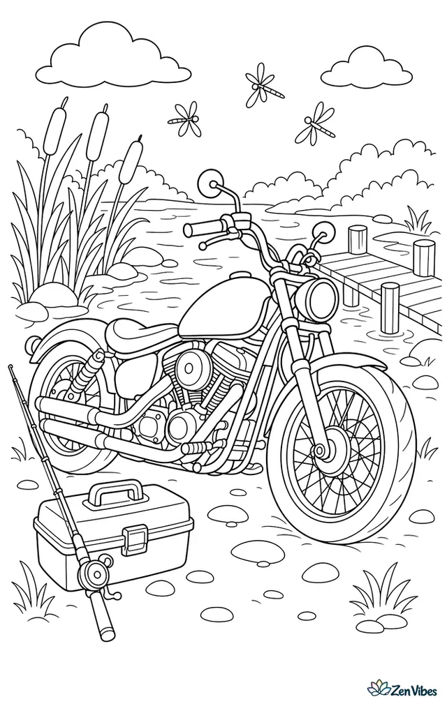 A bobber motorcycle is parked beside a slow river, near cattails, smooth stones, a wooden dock, and a tackle box, while dragonflies hover above the water.