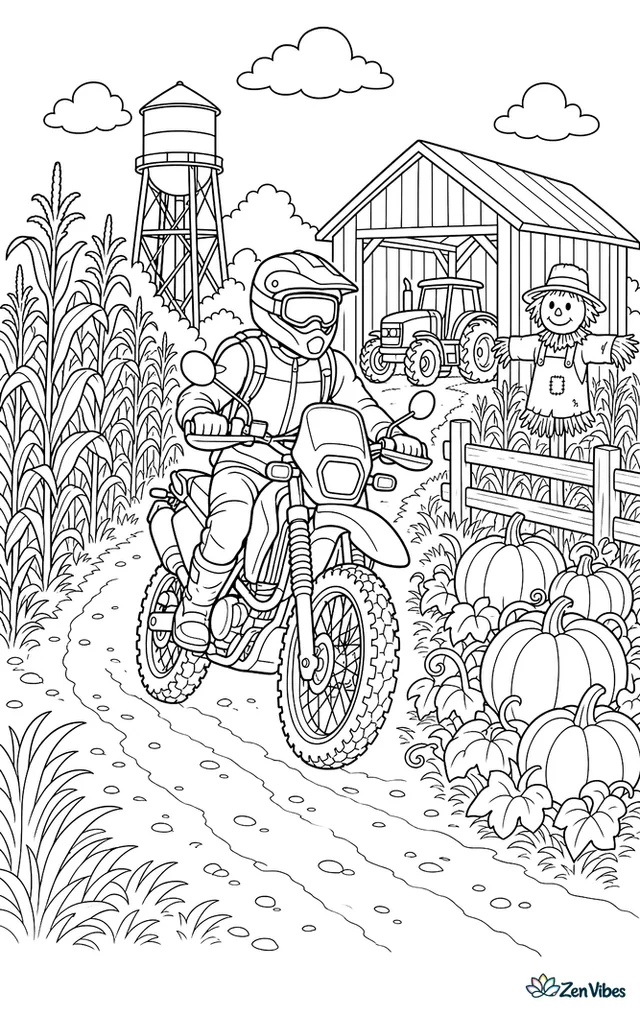 A dual-sport motorcycle rides down a farm lane between cornfields, passing a tractor shed, scarecrow, water tower, and rows of pumpkins near a dirt turnout.