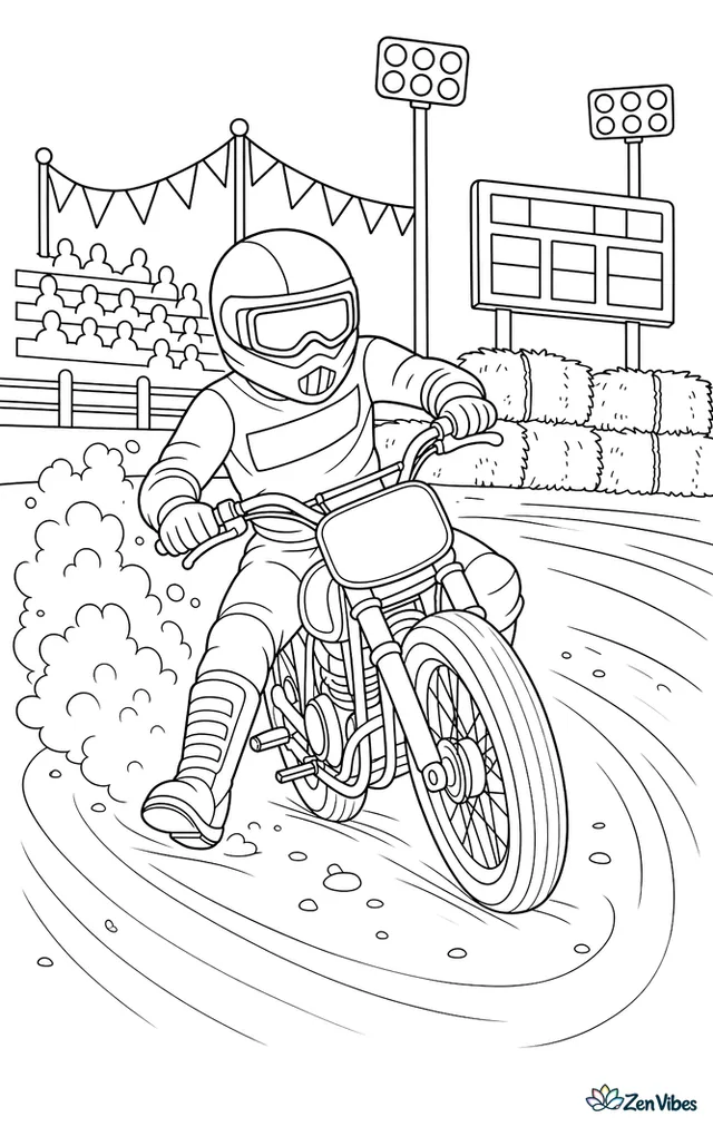 A flat track motorcycle races around a clay oval, kicking up dust near hay-bale barriers, pennant flags, bleachers, and a score board under tall stadium lights.