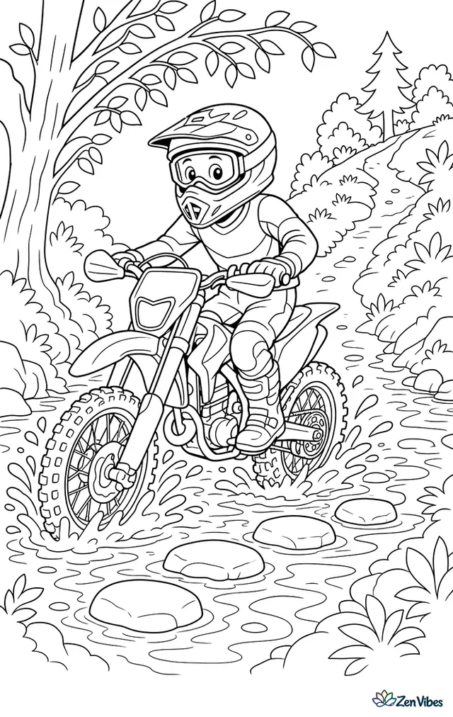 An enduro motorcycle splashes through a shallow creek on a wooded route, with stepping stones, leafy banks, overhanging branches, and a narrow path climbing uphill beyond.