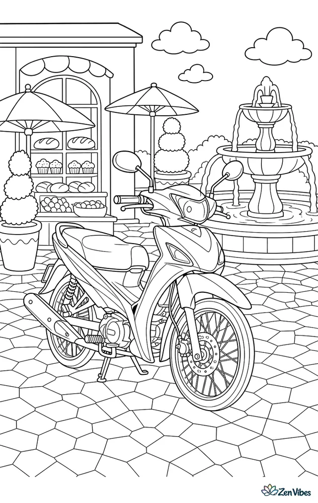 An underbone motorcycle is parked in a town square beside a fountain, with mosaic paving, market umbrellas, bakery windows, and neatly trimmed topiary in large planters.