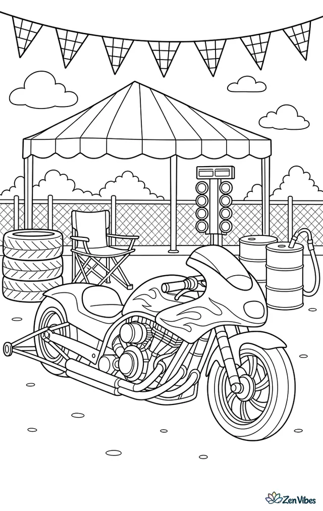 A drag racing motorcycle waits in a pit area, surrounded by striped canopies, spare tires, timing boards, fuel drums, folding chairs, and checkered pennants fluttering overhead.
