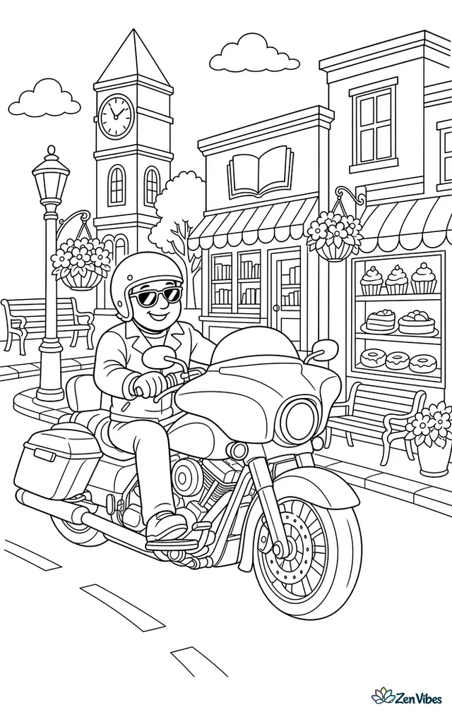 A bagger motorcycle cruises down a small-town main street, passing a clock tower, bookstore, hanging flower baskets, outdoor benches, and storefront windows filled with pastries.