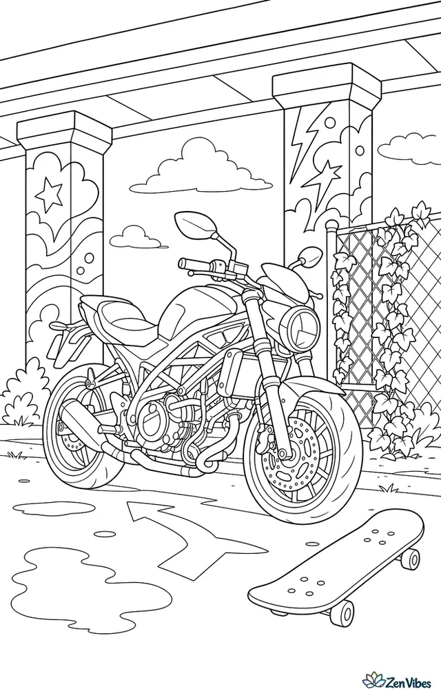A streetfighter motorcycle pauses beneath a mural-covered overpass, with concrete pillars, ivy climbing chain-link fencing, puddles, and a skateboard lying near painted arrows.