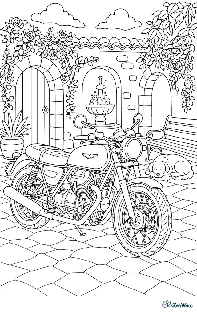 A Moto Guzzi V7 sits in a stone courtyard, surrounded by arched doorways, climbing roses, a bubbling fountain, patterned tiles, and a sleepy dog near a shaded bench.