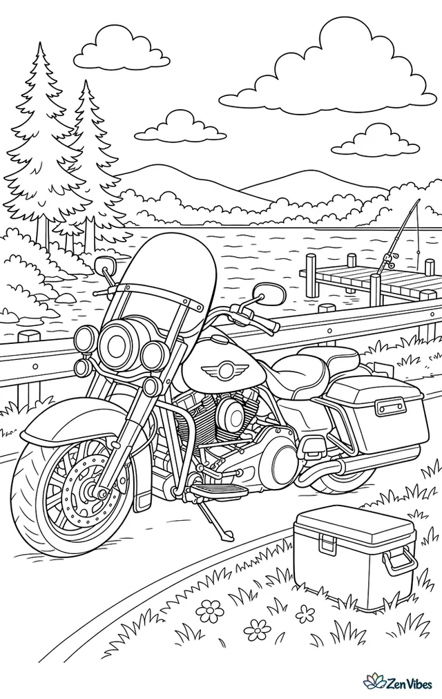 A Harley-Davidson Road King is parked beside a scenic lake road, with guardrails, tall pines, a fishing pier, layered clouds, and a cooler resting on the grass.