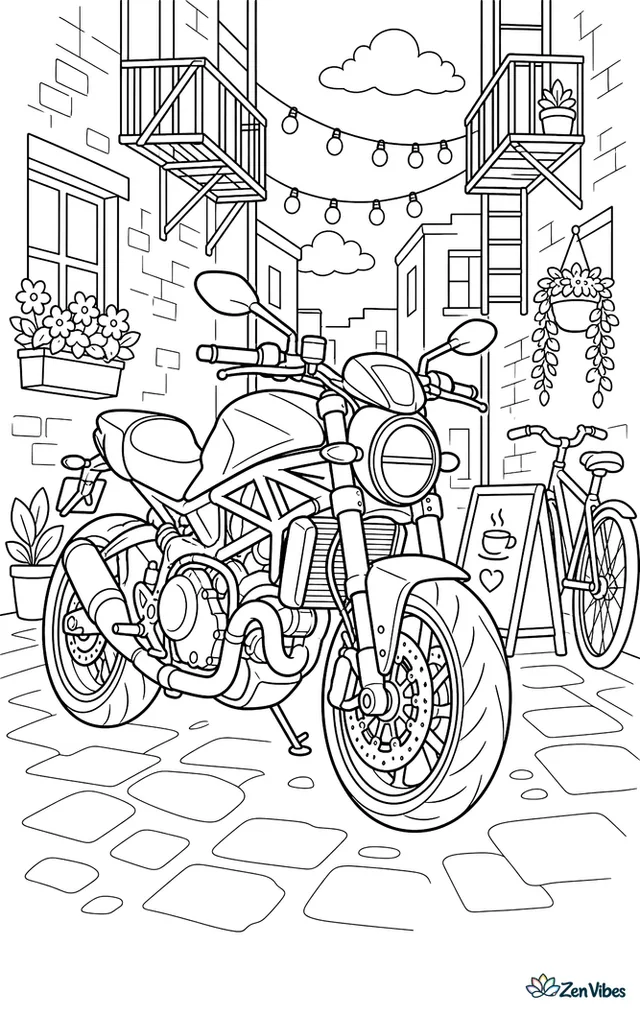 A Ducati Monster is angled in a narrow alley lined with fire escapes, cafe chalkboards, hanging string lights, window boxes, and a bicycle leaning against brick walls.