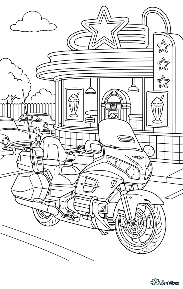 A Honda Gold Wing stops outside a roadside diner, with neon signs, checkerboard tiles, milkshake posters, a jukebox visible through the window, and parked classic cars nearby.