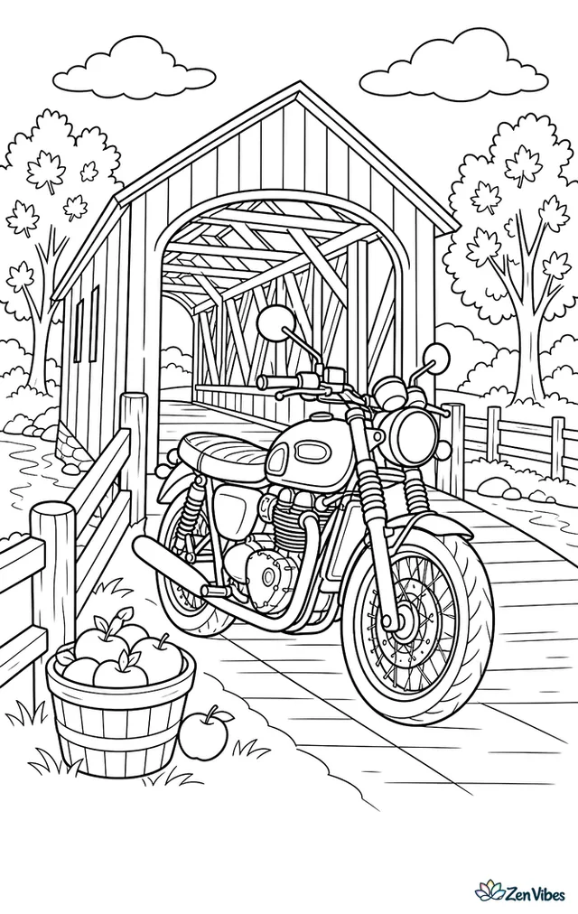 A Triumph Bonneville crosses a covered bridge, with wooden beams, river reflections, autumn trees, fence posts, and a basket of apples set near the entrance.