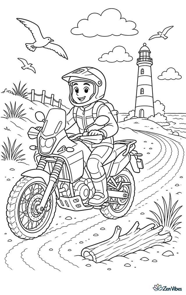 A Yamaha Tenere rides along sandy dunes, passing beach grass, driftwood, a striped lighthouse, seabirds, and tire tracks curving toward the shoreline under a breezy sky.