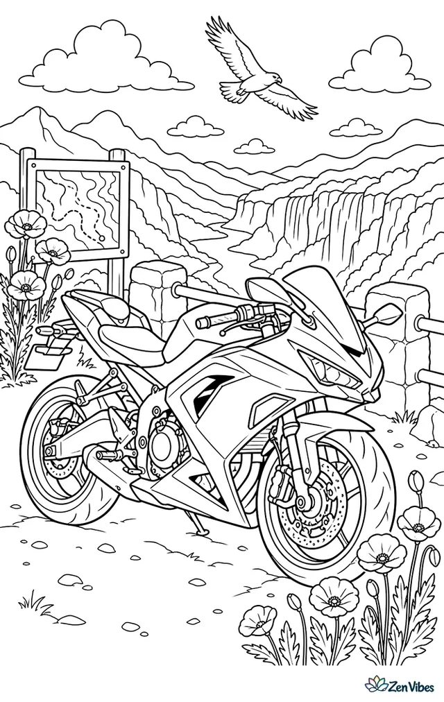 A Kawasaki Ninja is parked at a cliffside lookout, framed by guard stones, wild poppies, a map sign, distant waterfalls, and a hawk circling above layered valleys.