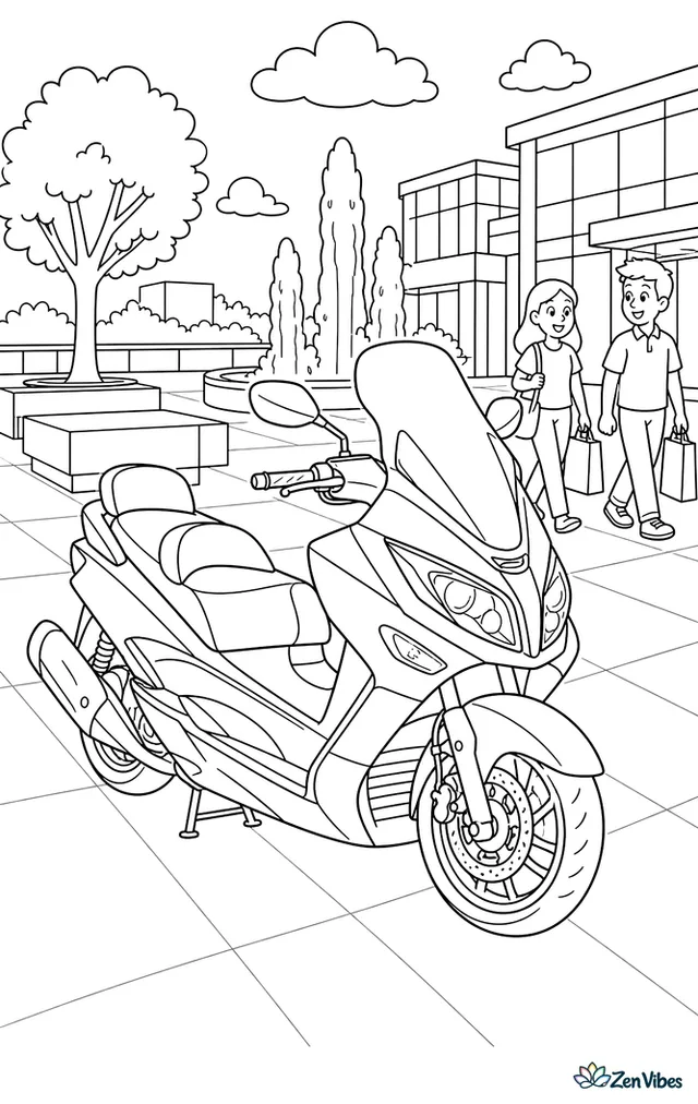 A Suzuki Burgman scooter is parked in a modern plaza, beside geometric benches, fountain jets, shade trees, glass buildings, and shoppers carrying bags past tiled walkways.